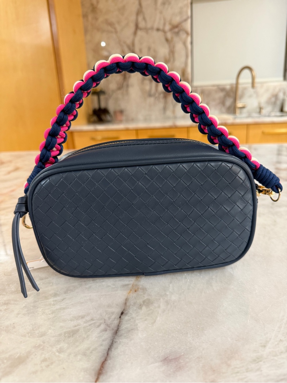 NWT Shiraleah Navy Pebbled Camera Bag Braided Handle Crossbody